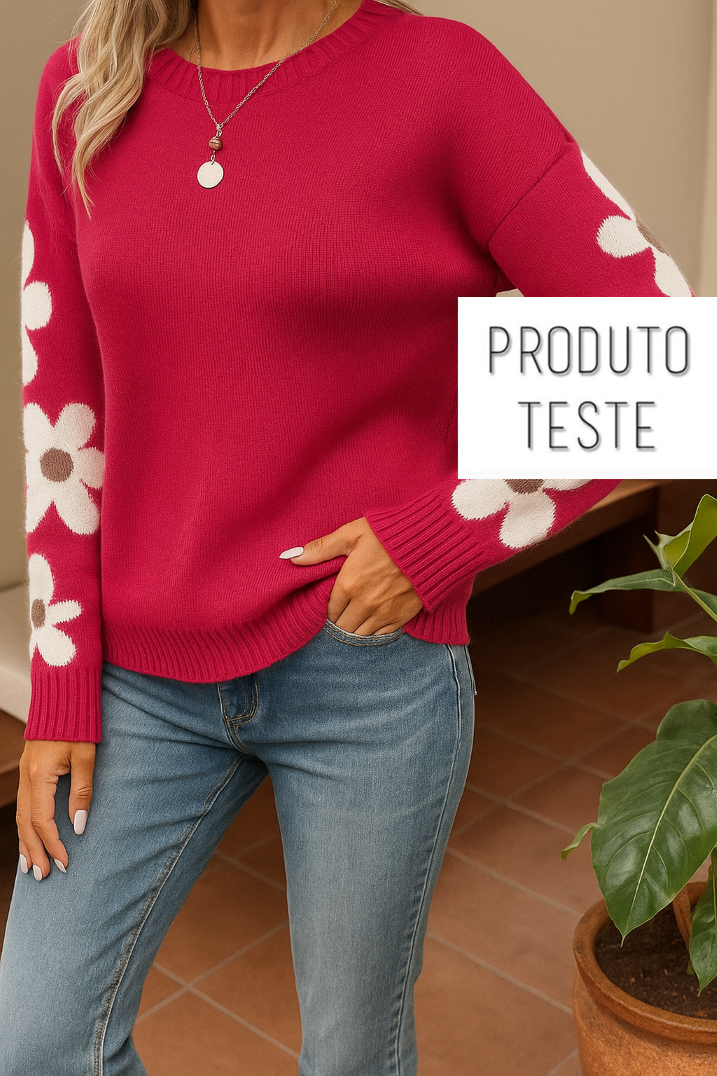 Blusão Feminino em Tricô com Flores nas Mangas