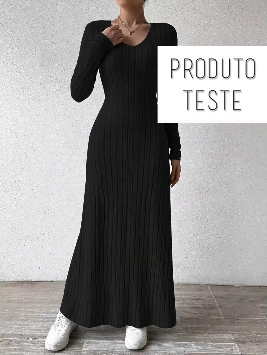Vestido Longo de Malha Canelada com Manga Comprida