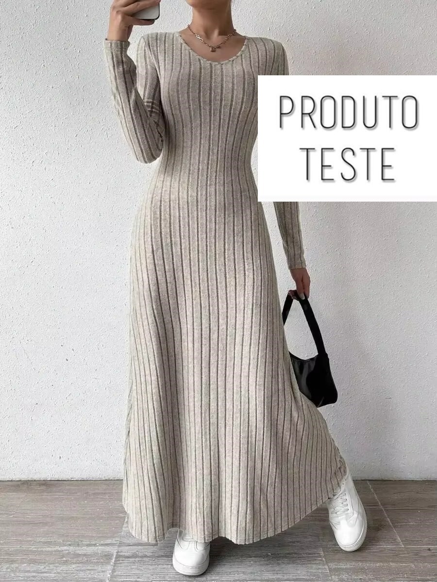 Vestido Longo de Malha Canelada com Manga Comprida