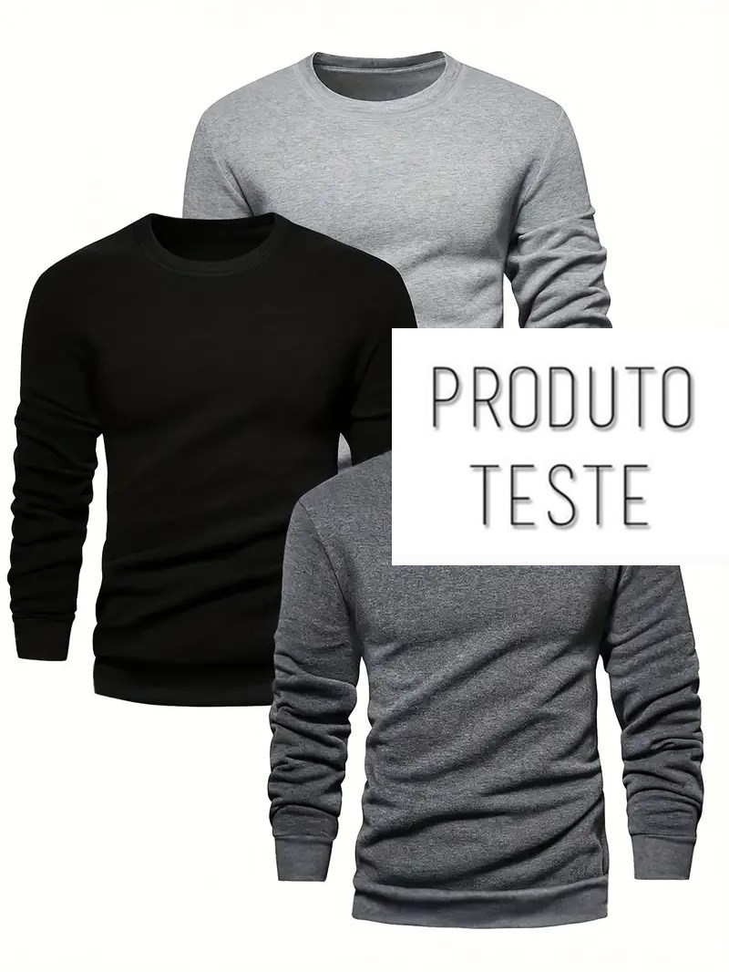 Kit 3 Blusas Masculinas Manga Longa Básica Gola Redonda