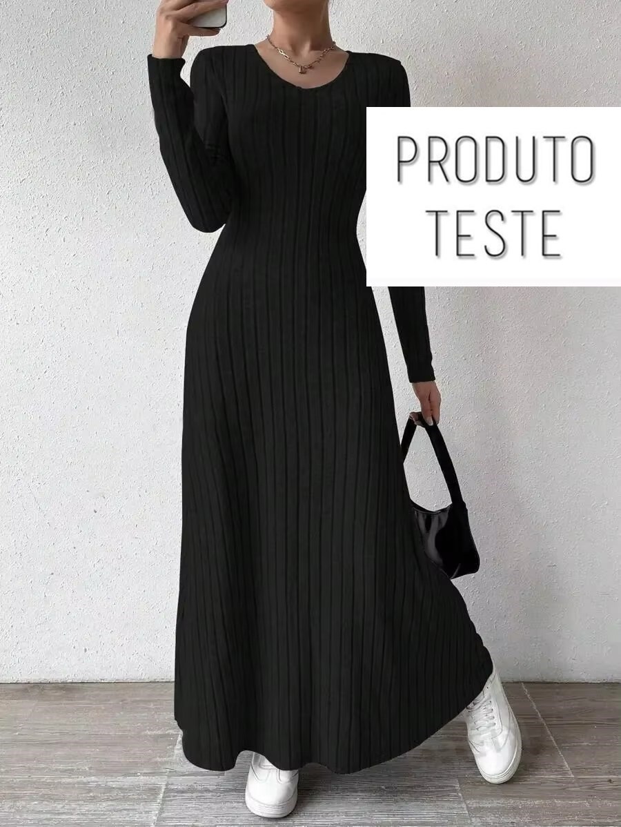Vestido Longo de Malha Canelada com Manga Comprida
