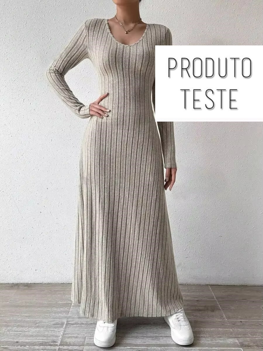 Vestido Longo de Malha Canelada com Manga Comprida